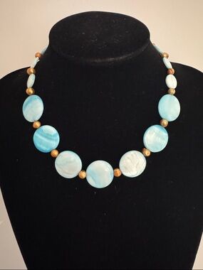Turquoise Shell Disk Necklace with Gold Freshwater Pearl Beads - Women Jewelry